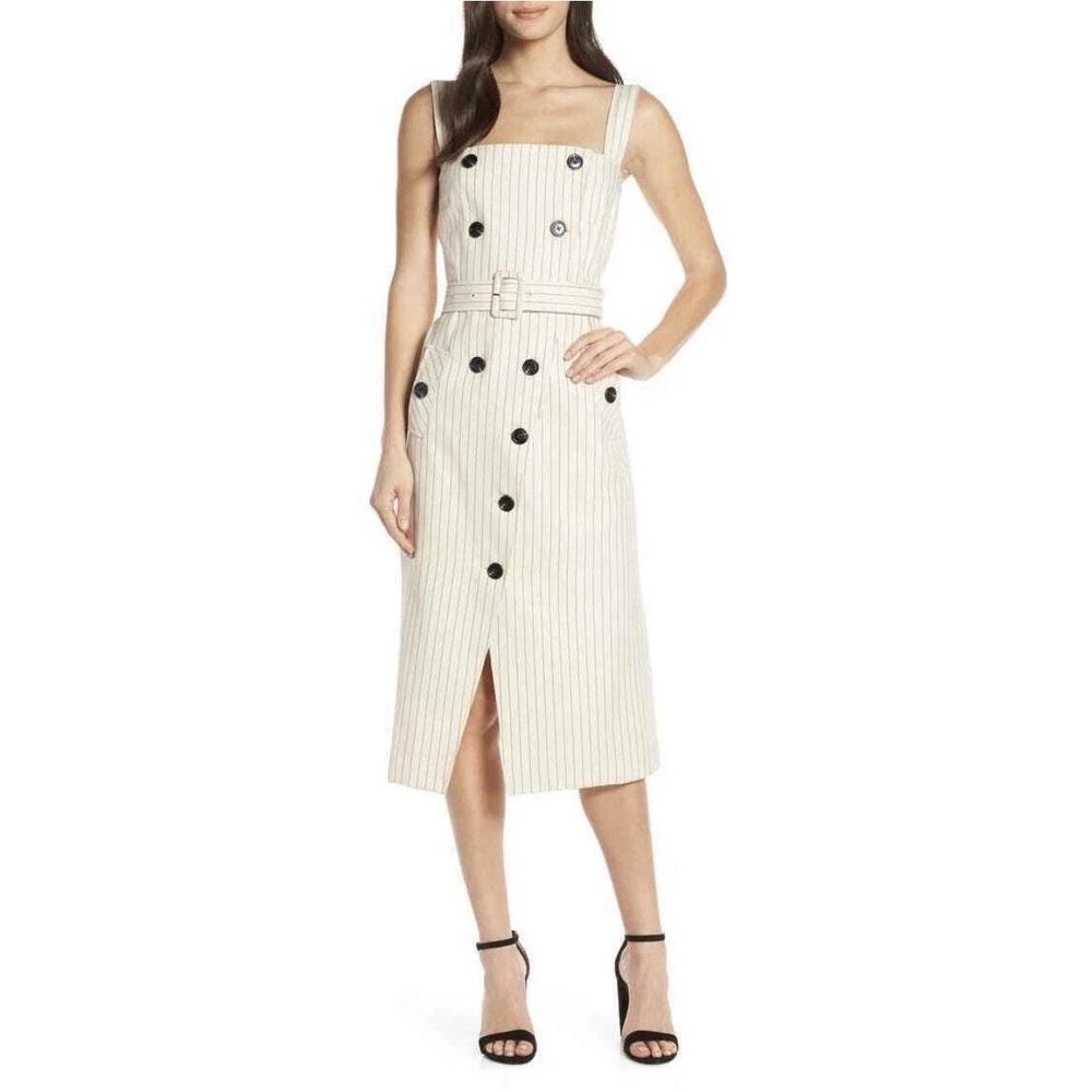 Caara‎ Striped Button Up Belted Tank Midi Dress, Women's Size M